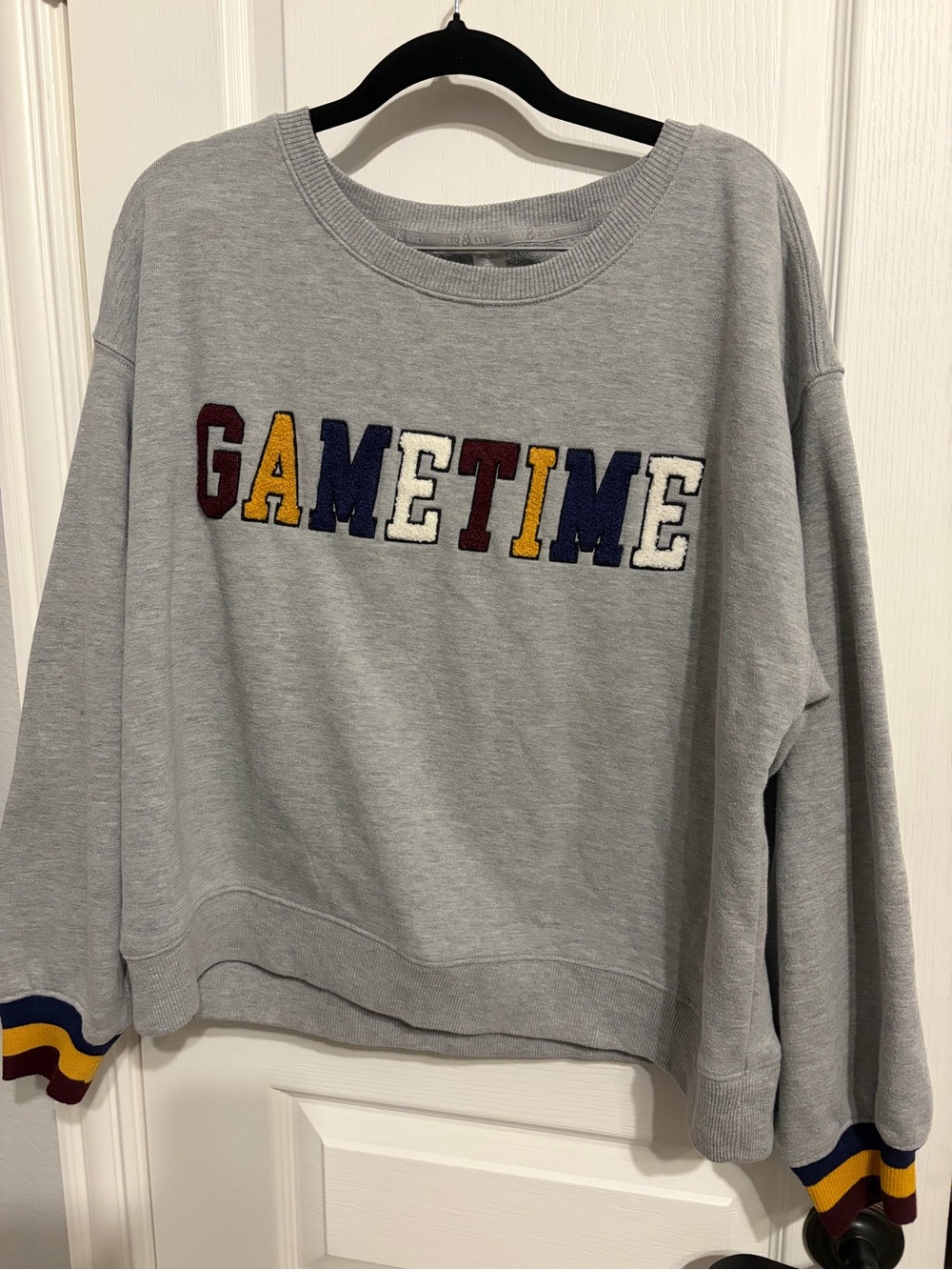 Lou & Grey Gray Sweatshirt with Multicolor 'GAMETIME' Chenille Letters